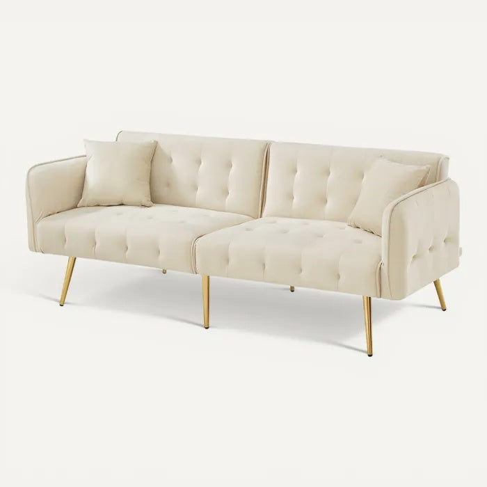 **Modern leren bank met kussens en gouden poten**